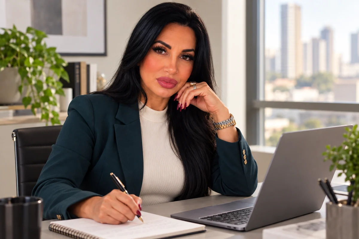 Andrea Cristian Dias em uma composição profissional de escritório, com notebook e caderno
